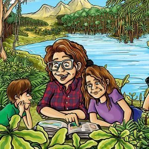 full page illustration lovely lines mother and children reading in jungle